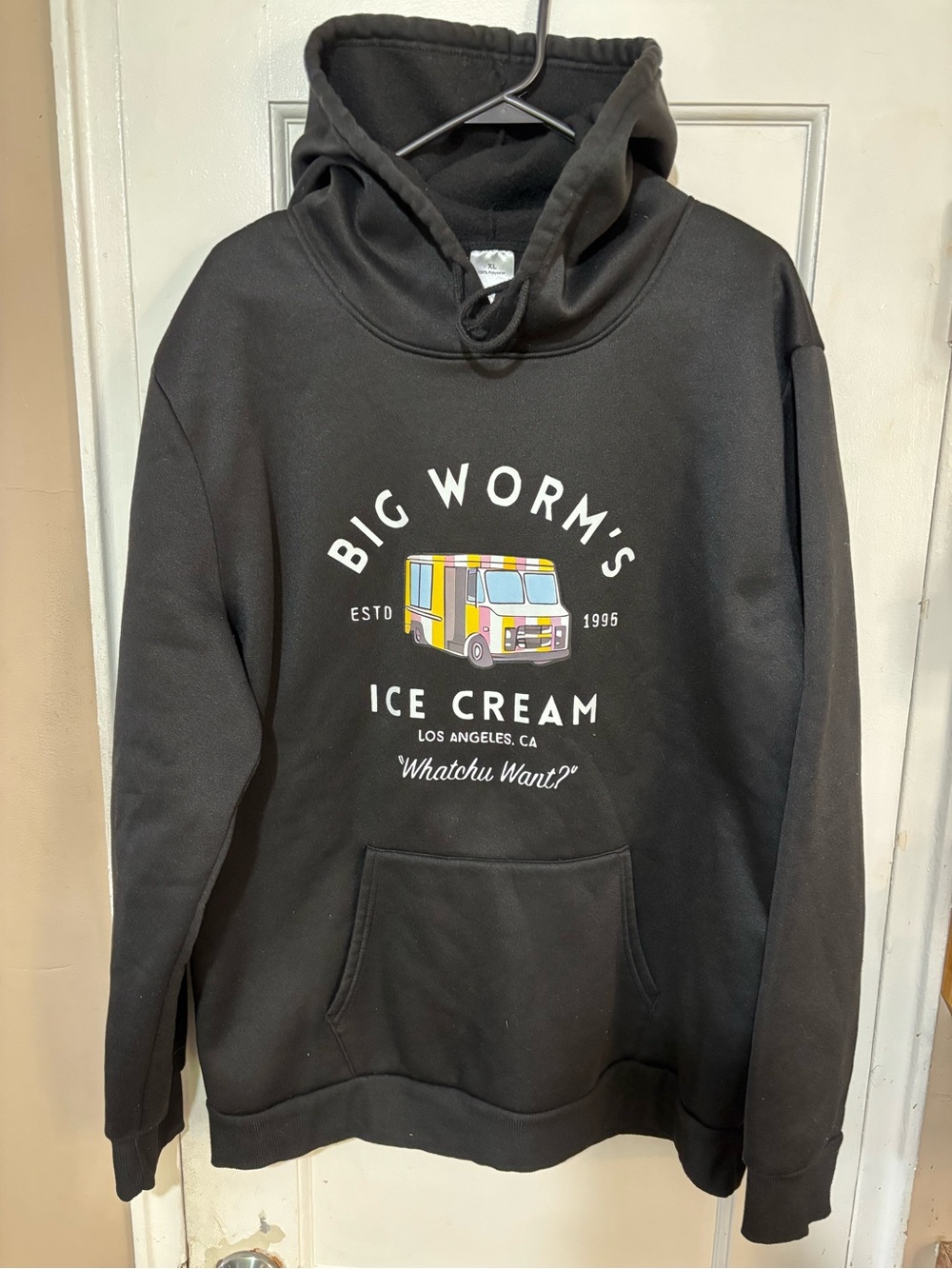 SHEIN FRIDAY BIG WORM’S ICE CREAM TRUCK MENS Black Graphic Hoodie